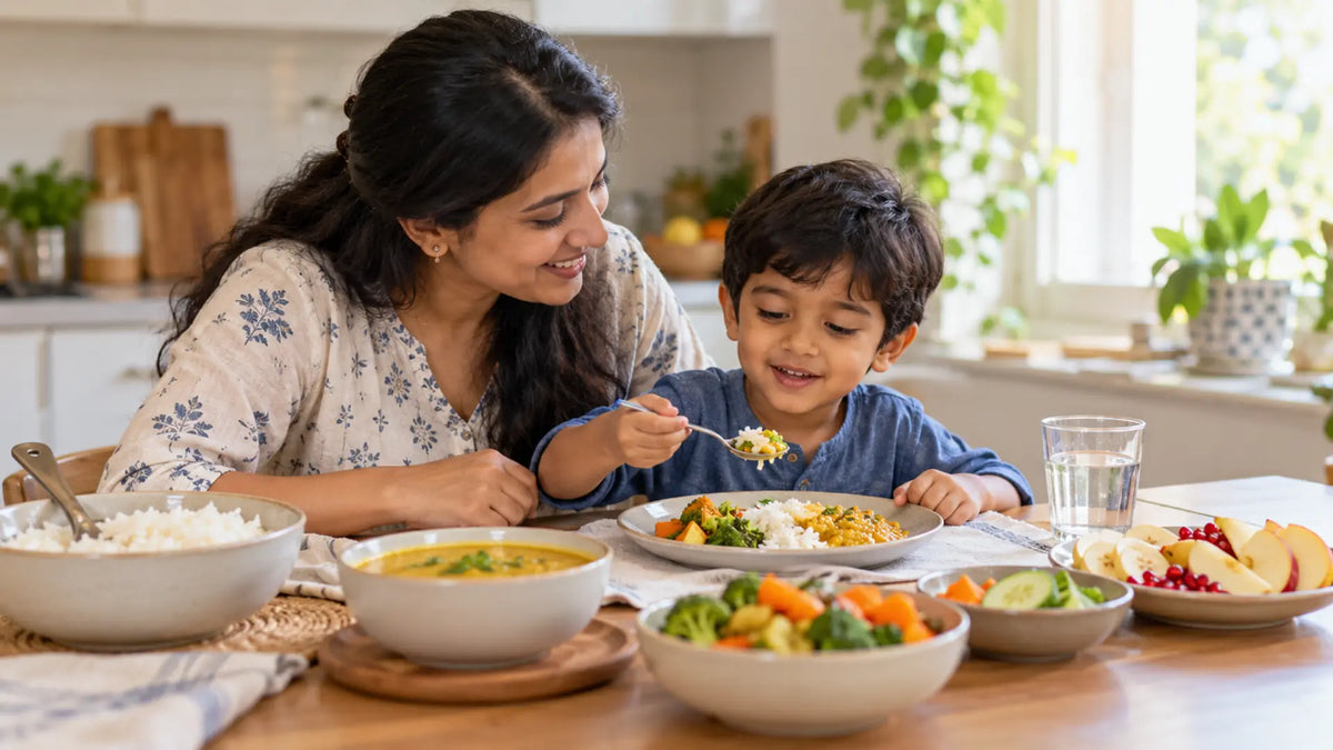 A parent and young child sharing a calm meal at home.