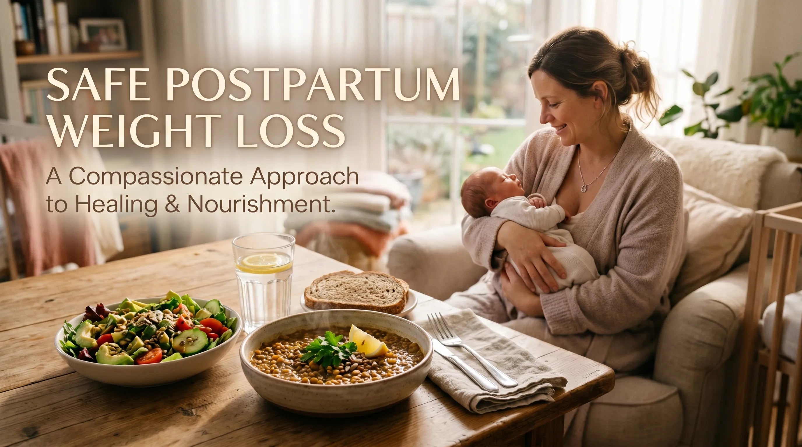 A balanced postpartum meal with lentils, fresh salad, and a glass of water on a table, with a mother softly holding her baby in the background, representing safe and healthy recovery after pregnancy.