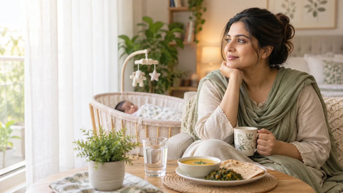 A new mother sits with her baby in a bassinet and a nourishing meal nearby, illustrating recovery-first weight loss after a C-section.