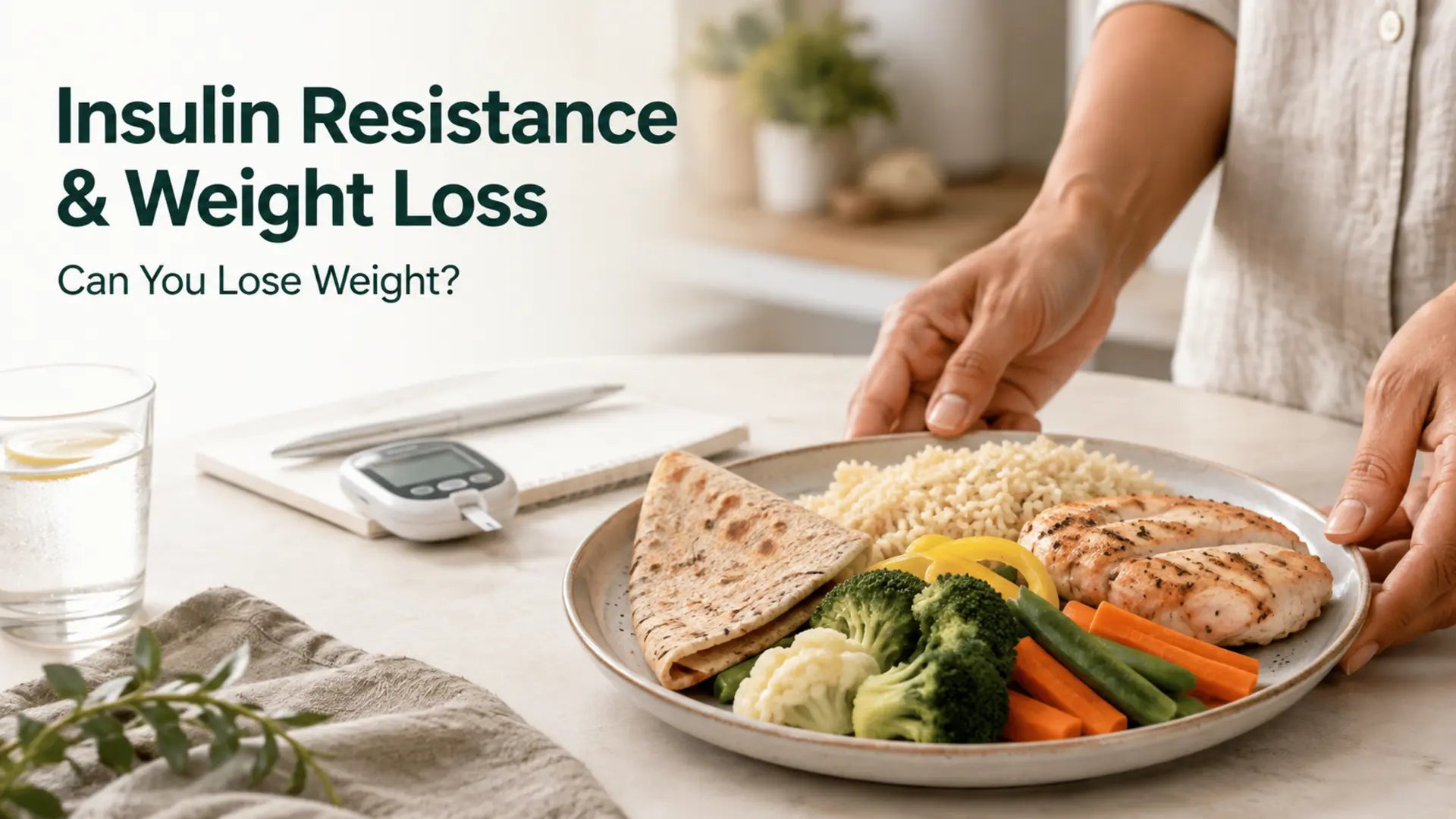 Balanced meal with vegetables, chicken, rice, roti, and a blood glucose meter for insulin resistance and weight loss.