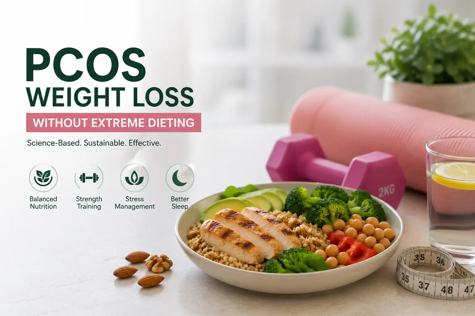 PCOS weight loss concept showing healthy balanced diet, exercise and lifestyle approach without extreme dieting, science-based hormonal health strategy
