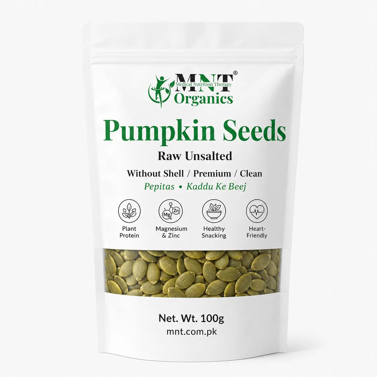 Front of MNT Organics 100g raw unsalted pumpkin seeds pouch with shelled green pepitas