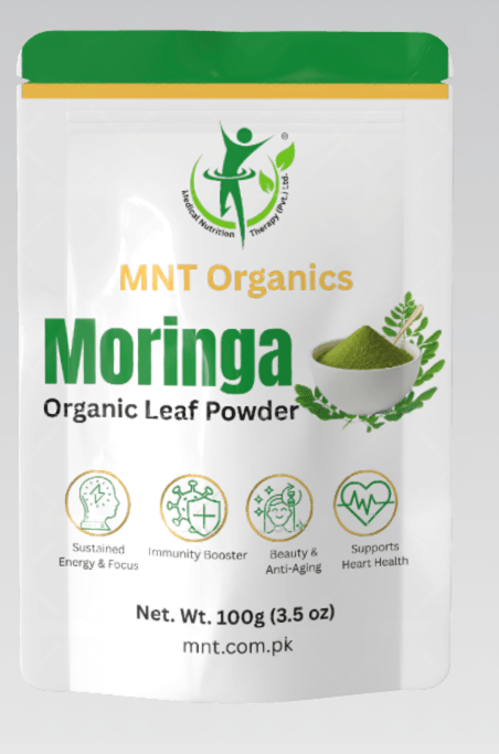 MNT Organics Moringa Organic Leaf Powder 100g front packaging. Label highlights superfood benefits: Sustained Energy & Focus, Immunity Booster, Beauty & Anti-Aging, and Supports Heart Health.