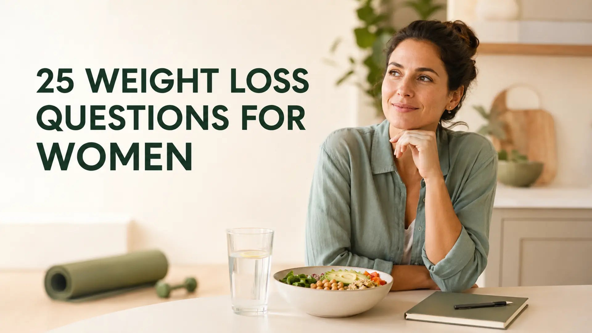 Thoughtful woman beside a balanced meal with the headline “25 Weight Loss Questions for Women.”