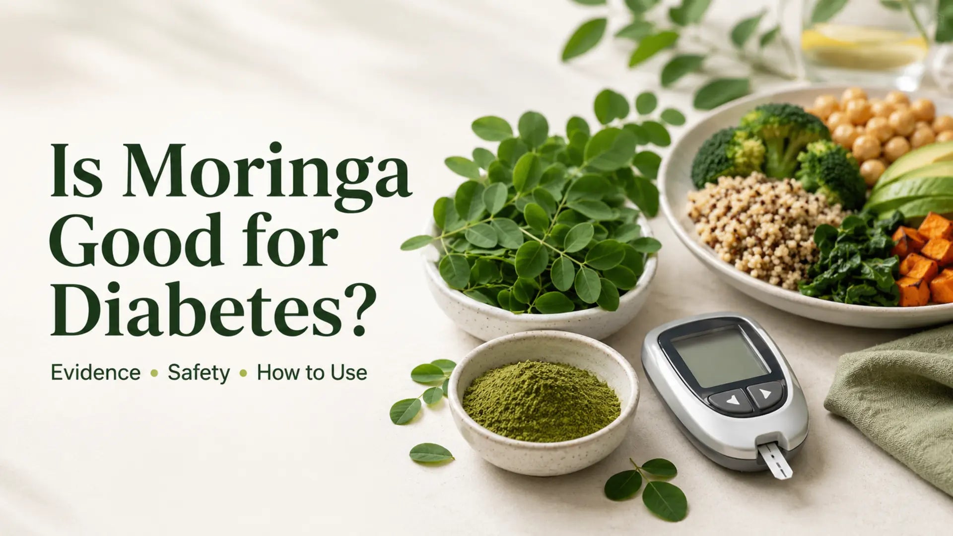 Moringa leaves and leaf powder beside a blood glucose meter and balanced meal, illustrating diabetes evidence, safety, and use.