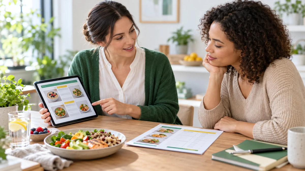 Dietitian and client comparing an internet diet plan with an individualized meal plan during a nutrition consultation.