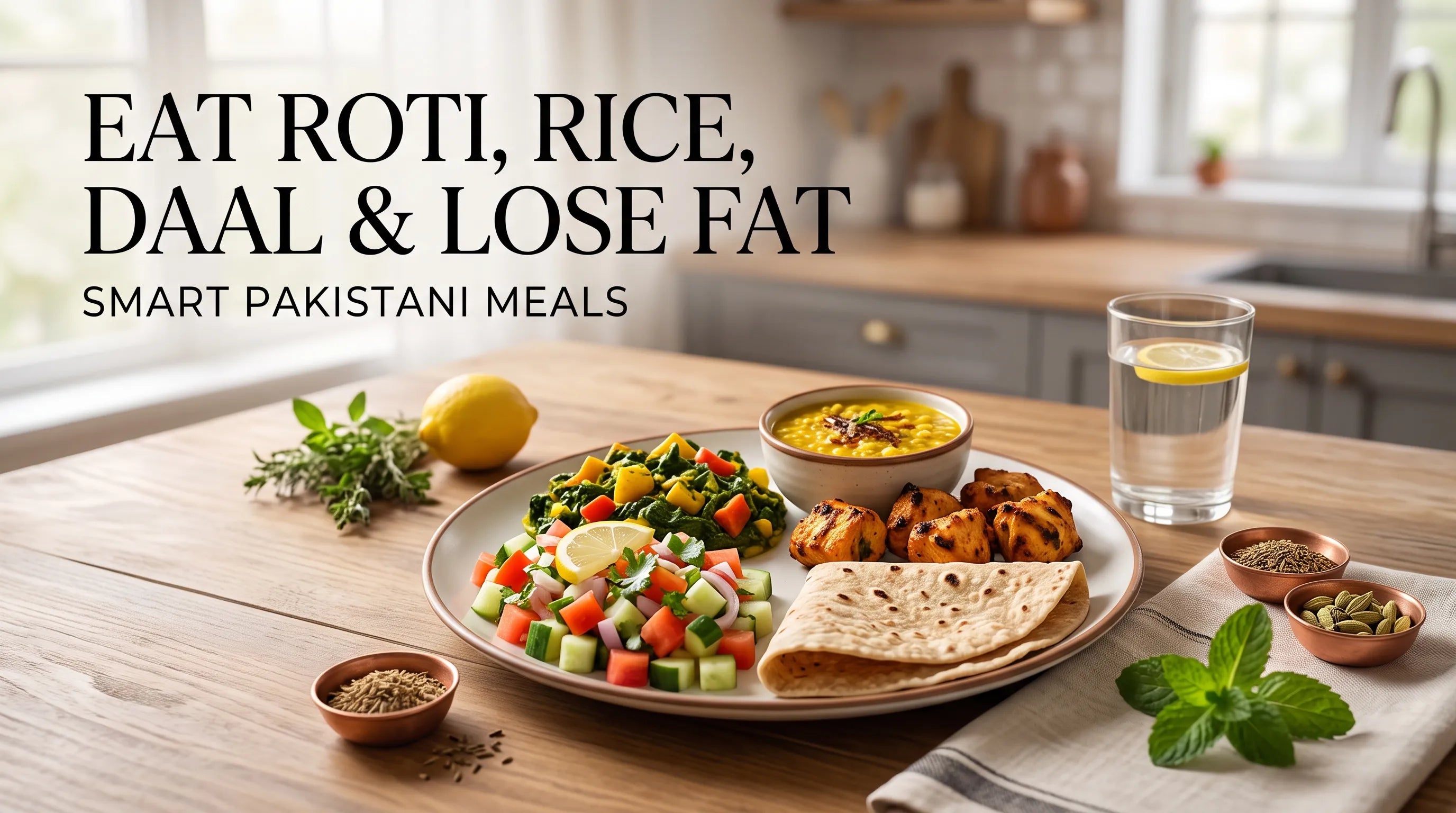 A healthy, balanced Pakistani meal featuring whole-wheat roti, daal, grilled chicken, and fresh salad on a dining table with soft lighting, illustrating a fat-loss-friendly desi diet.