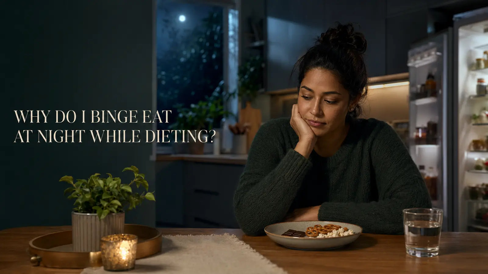 Why do I binge eat at night while dieting? Woman sitting thoughtfully at a kitchen table with a snack late at night.