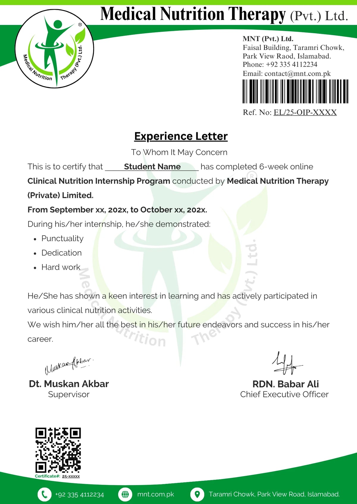 Full-size sample MNT nutrition internship experience letter