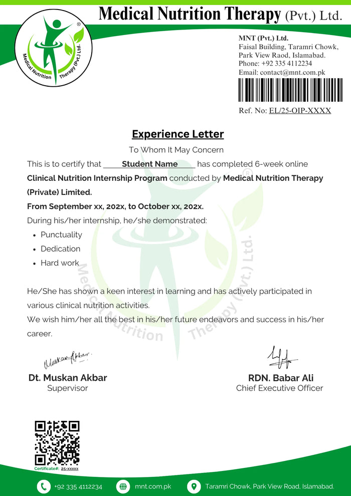 Sample MNT nutrition internship experience letter