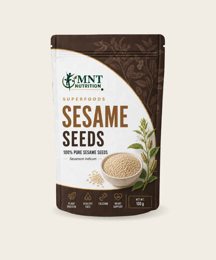 MNT white sesame seeds (Safed Til), 100g pack in brown and white packaging.