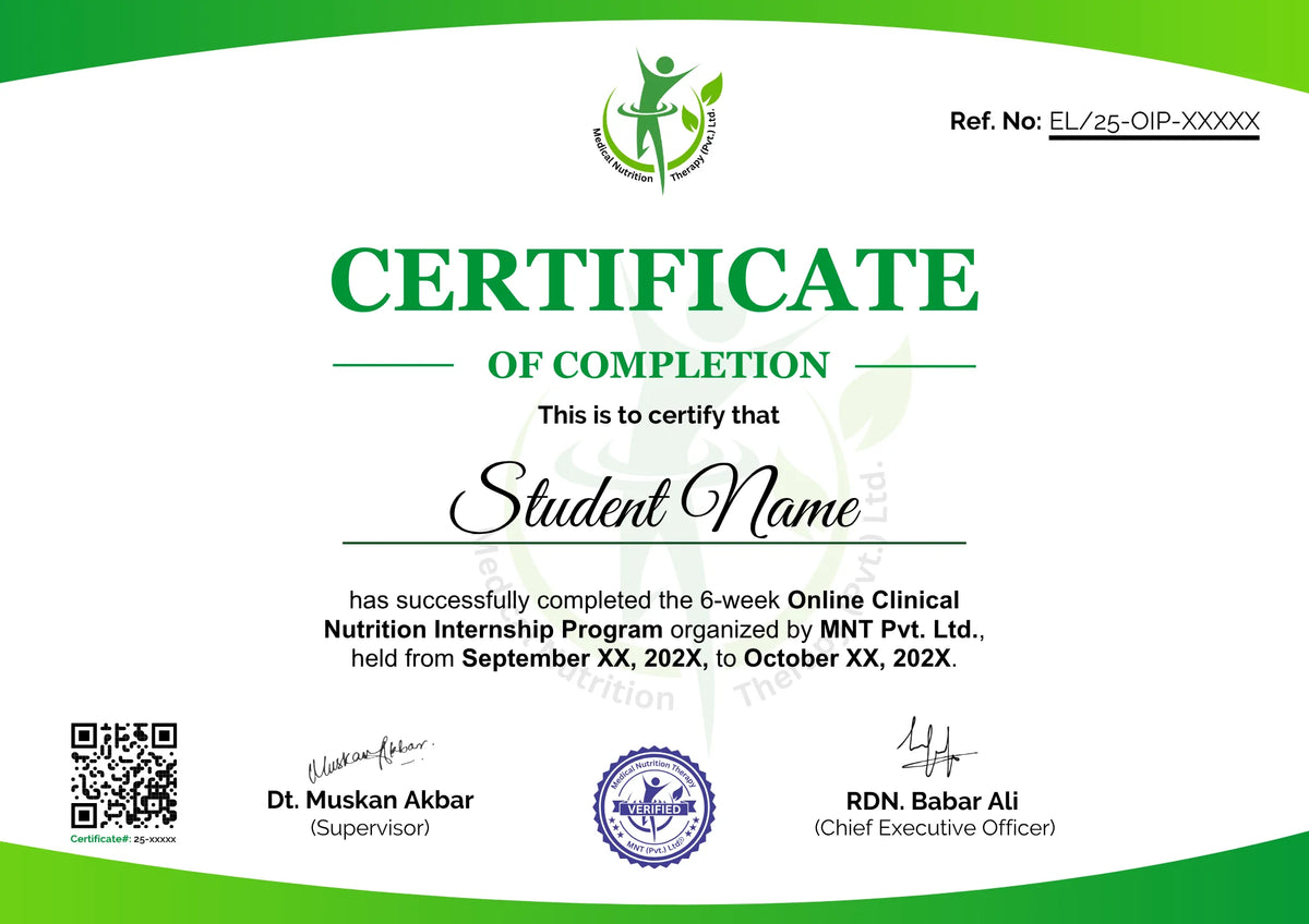 Full-size sample MNT nutrition internship certificate of completion