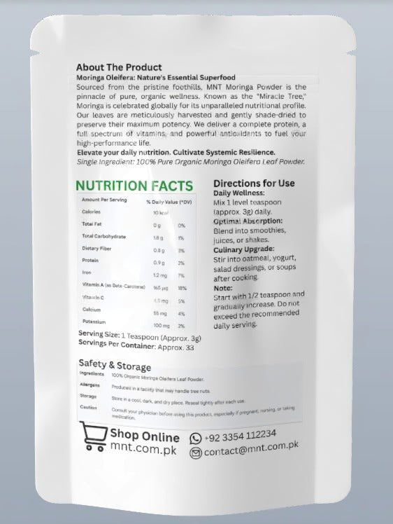 MNT Moringa Powder back label showing Nutrition Facts, Ingredients list (100% Pure Organic Moringa Oleifera), and Directions for Use. Nutritional table displays high Vitamin A, Calcium, Iron, and Protein content per serving.