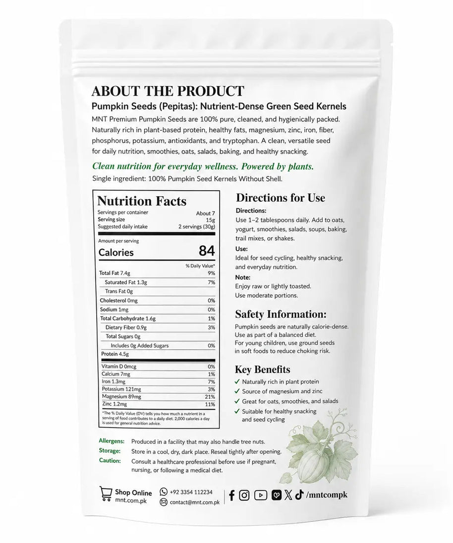 Nutrition facts on MNT raw unsalted pumpkin seeds 100g pack
