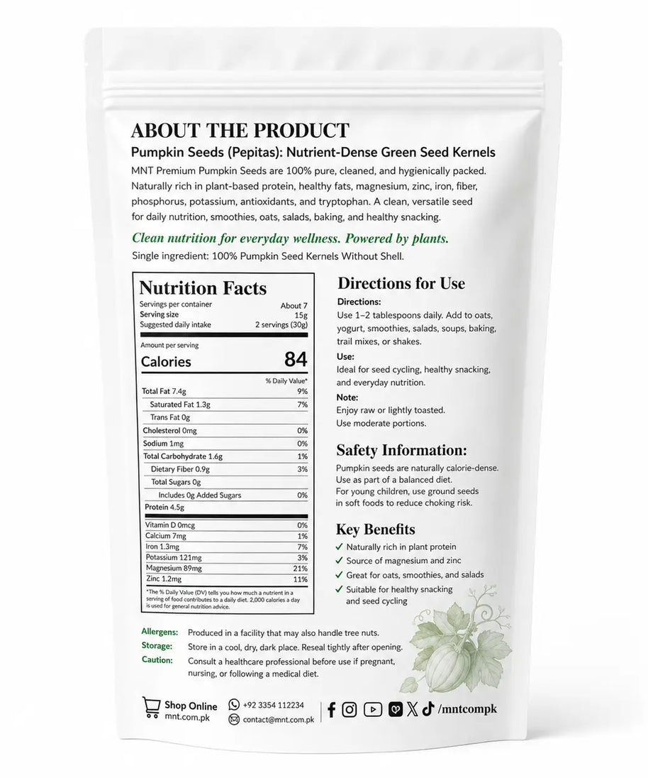 Back of MNT Organics 100g pumpkin seeds pouch showing nutrition facts, directions, and benefits