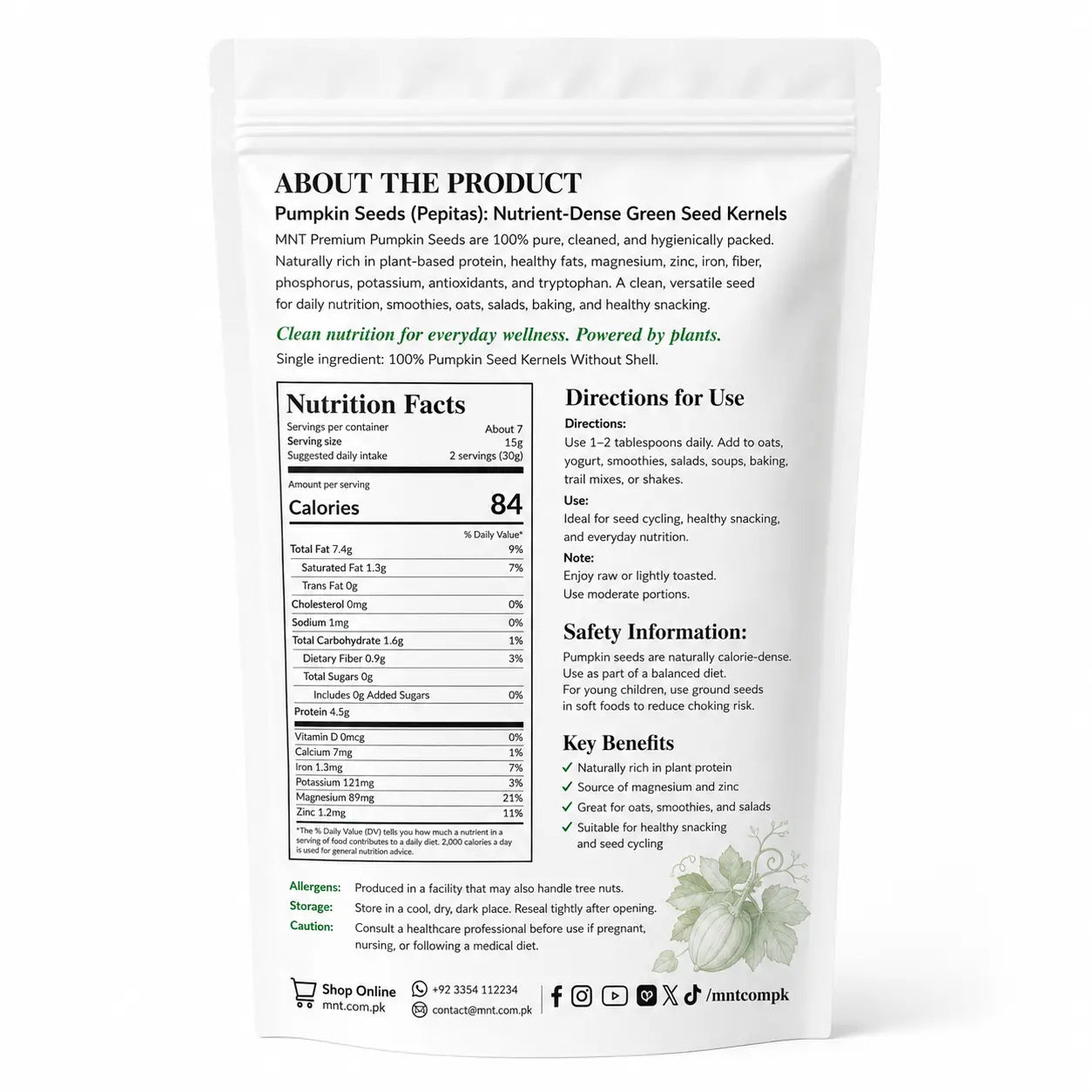 Back of MNT Organics 100g pumpkin seeds pouch showing nutrition facts, directions, and benefits