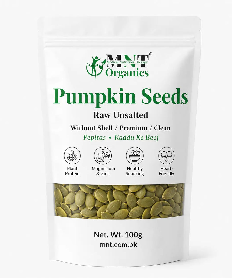 Front of MNT Organics 100g raw unsalted pumpkin seeds pouch with shelled green pepitas